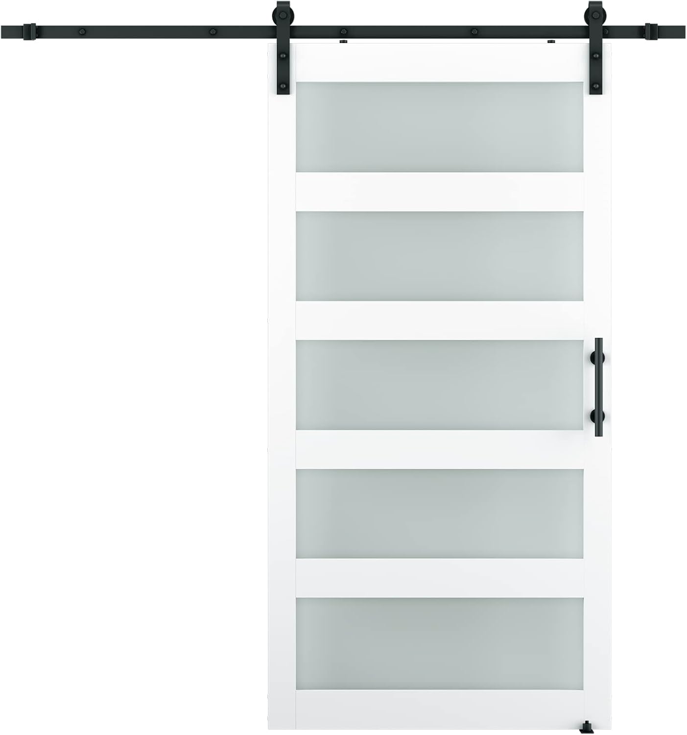 COSHOMER 42in x 84in 5-Panel Glass Barn Door with 7ft Sliding Door Hardware Kit & Handle, Pre-Drilled Holes Easy Assembly -Solid Wood Slab & MDF Inside Covered with Water-Proof PVC Surface, White