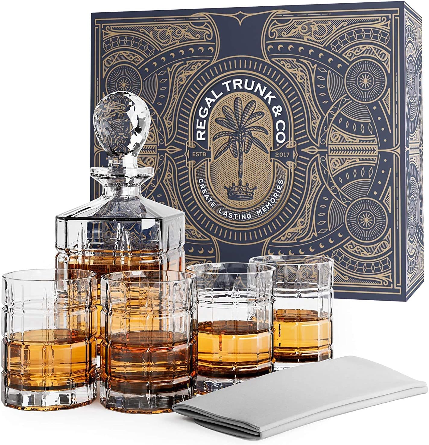 Regal Trunk & Co. Whiskey Decanter Sets | 4 Square Engraved Tumblers Whisky Decanter & Glass Set | Crystal Decanter Set Bourbon and Scotch | Comes In Gift Box and with Glass Polishing Cloth Pack of 2