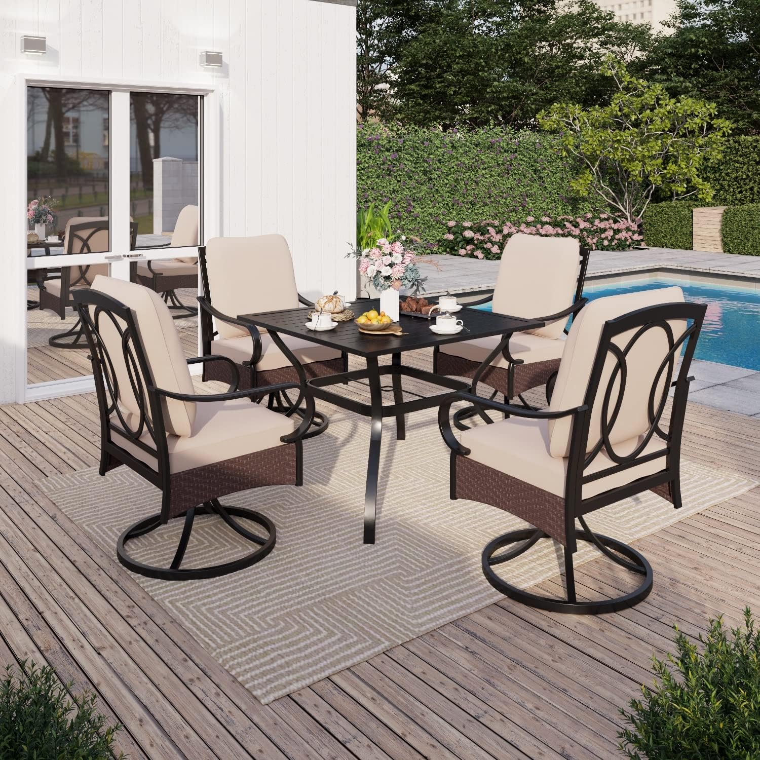 Sophia & William Patio Dining Set 5 Piece Outdoor Table Furniture Set - 4 Padded Swivel Dining Chairs and 1 Square Metal Table with Umbrella Hole for Garden Deck Backyard