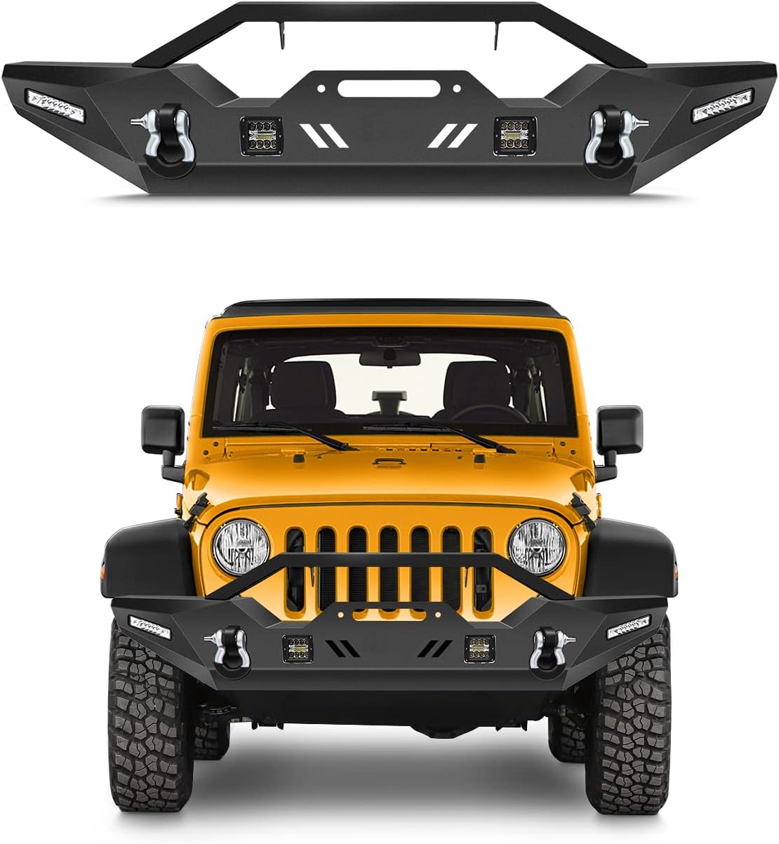OCPTY Front Bumper with D-ring & LED Lights & Winch Plate fit for 2007-2018 for Jeep Wrangler JK (Texture Black)