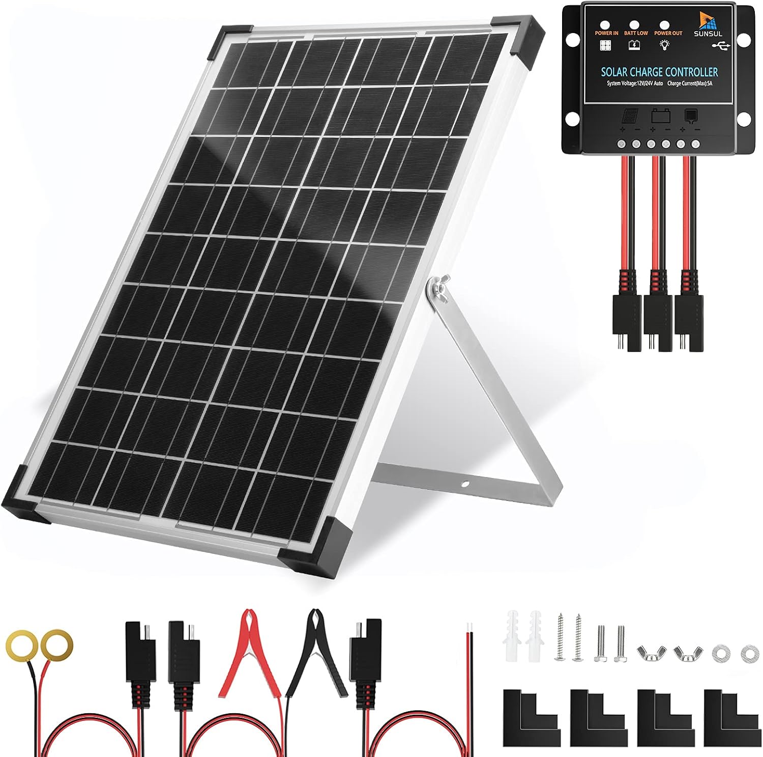 SUNSUL 30 Watt 12V Solar Panel Kit Battery Maintainer Trickle Charger, with Waterproof 5A 12V/24V PWM Solar Charge Controller and Adjustable Solar Panels Mount Rack Bracket (30 Watt with Accessories)