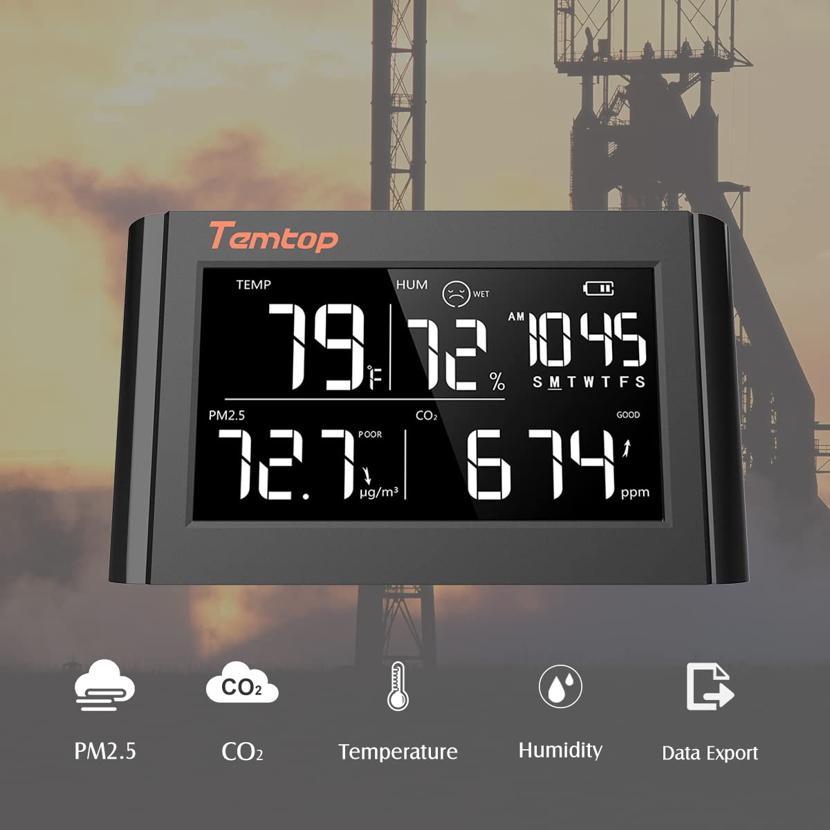 Temtop CO2 Monitor PM2.5 Indoor Air Quality Monitor Thermometer Data Export P20C - Black