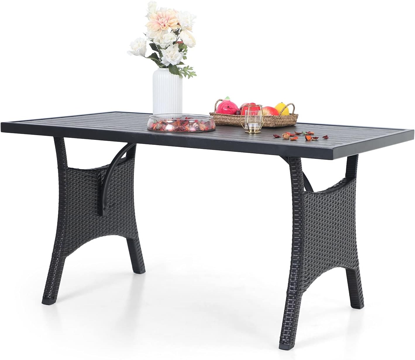 Sophia & William Wicker Patio Dining Table Rectangular Outdoor Table, Weather-Resistant Table with Metal Steel Slat Top and Grey Rattan Leg for Lawn Backyard Garden