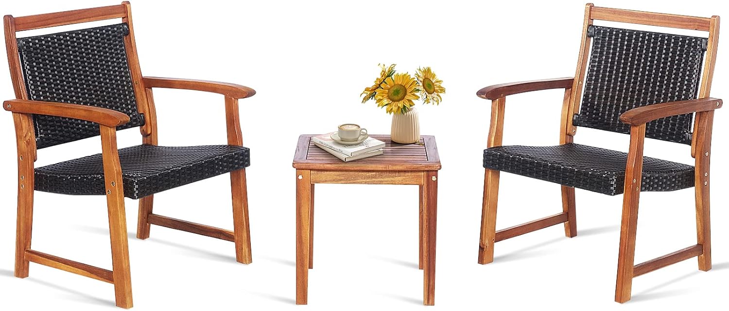 Tangkula 3-Piece Patio Acacia Wood Bistro Set, Patiojoy Outdoor Furniture Set with 2 Chairs & 1 Side Table, Weather Resistant Rattan Garden Conversation Chair Set for Pool Side, Deck, Balcony