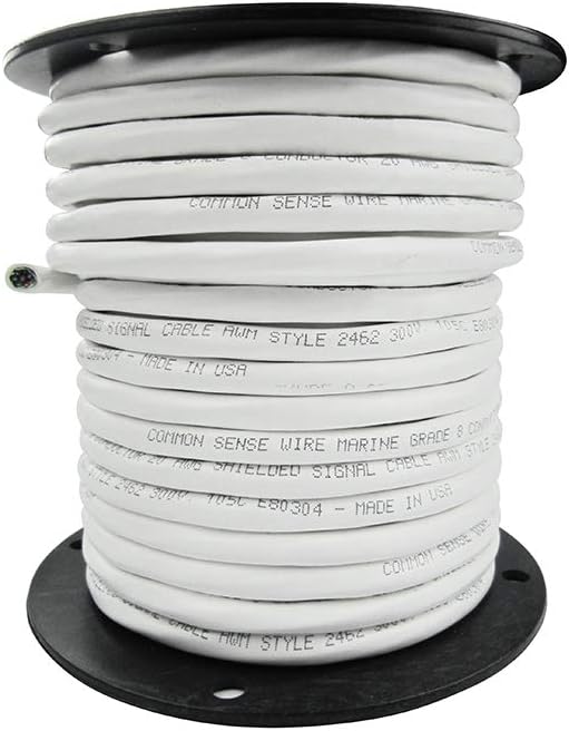 20/8 AWG Round Signal Tinned Copper Marine Wire - Grade 8 Conductor Shielded Signal Cable - 200 Feet- White Jacket