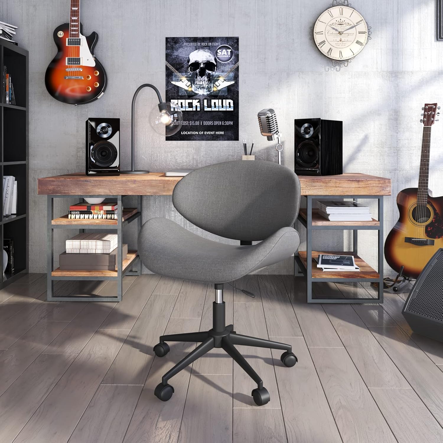 Mid-Century Modern Home Office Chair with Curved Seat/Back, Adjustable 360&deg; Swivel Executive Desk Chair, Black Rolling Computer Chair, Stainless Steel Legs and 5 Wheels for Home and Office, CAELUM