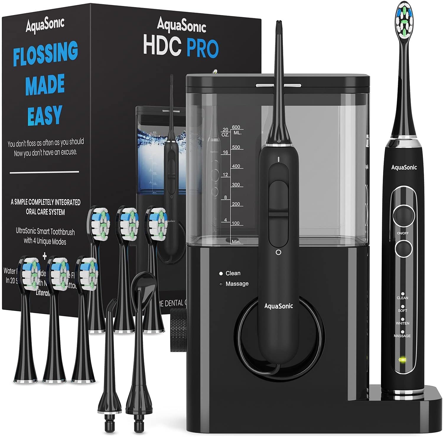 AquaSonic Home Dental Center PRO – Complete Home Oral Care – Brush & Floss – Ultrasonic Electric Toothbrush & Water Flosser – Whiter Teeth & Healthier Gums – Black Series Pro + Oral Irrigator