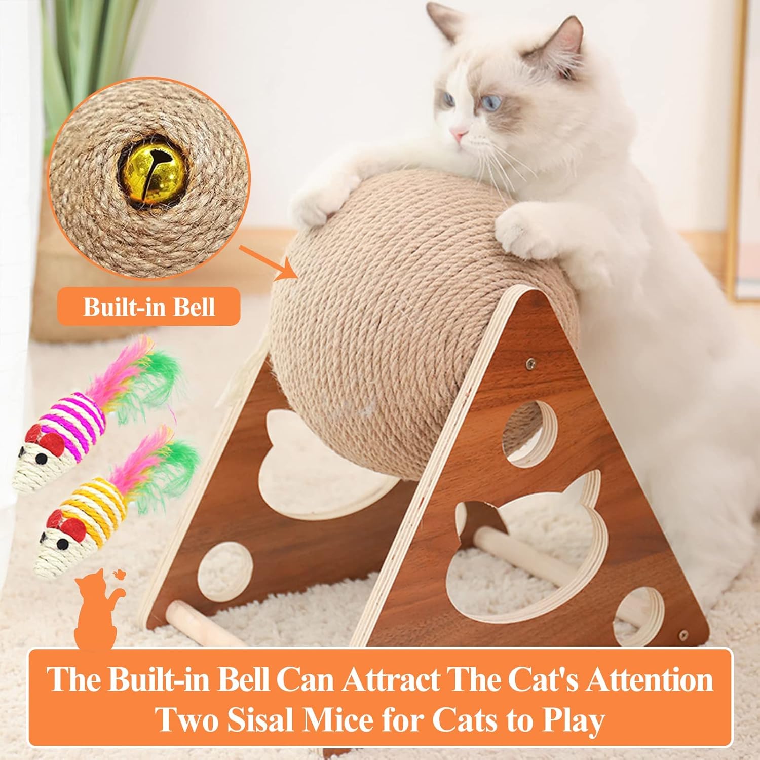 Cat Scratcher Toy Ball, Built-in Bell Natural Sisal Cat Scratching Rotatable Ball, Cat Scratching Ball for Cats & Kittens, Interactive Solid Wood Scratcher Indoor Cats Toy for Small Medium Pet Cat