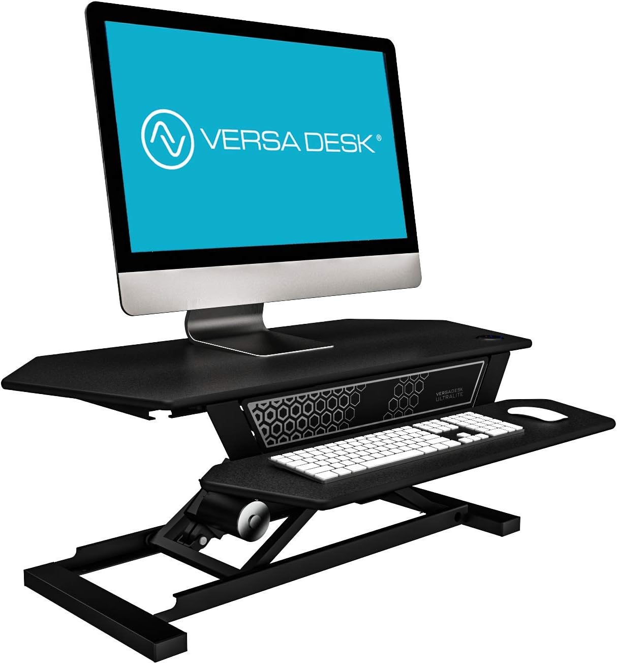 VersaDesk Ultralite Standing Desk Converter | Made in USA | Electric Height-Adjustable Desk Riser | Sit to Stand Desktop with Keyboard + Mouse Tray + USB Port | 36