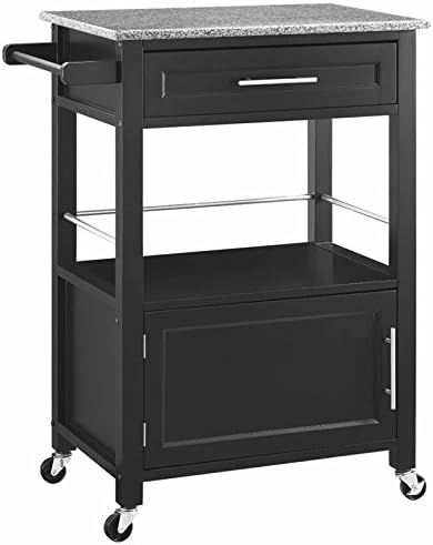 Riverbay Furniture Pine Wood Granite Top Rolling Microwave Kitchen Island Cart in Black