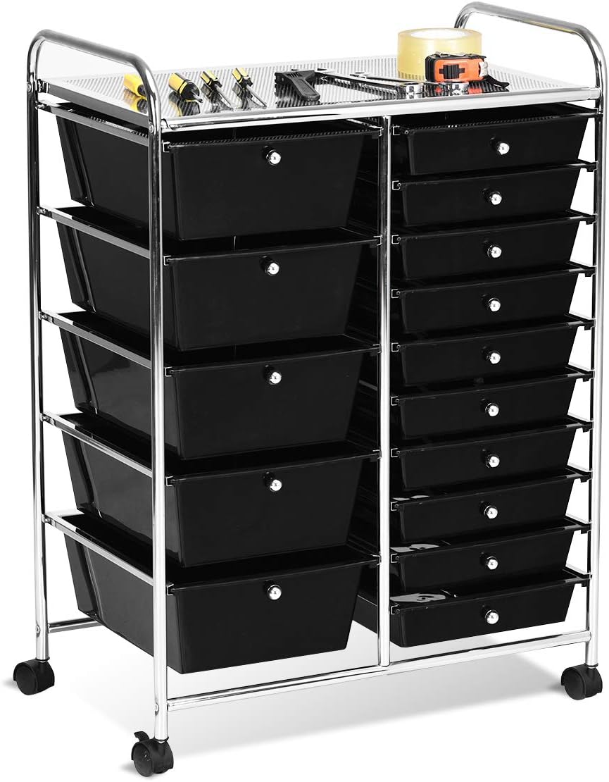 Giantex 15 Drawer Rolling Storage Cart Tools Scrapbook Paper Office School Organizer, Black