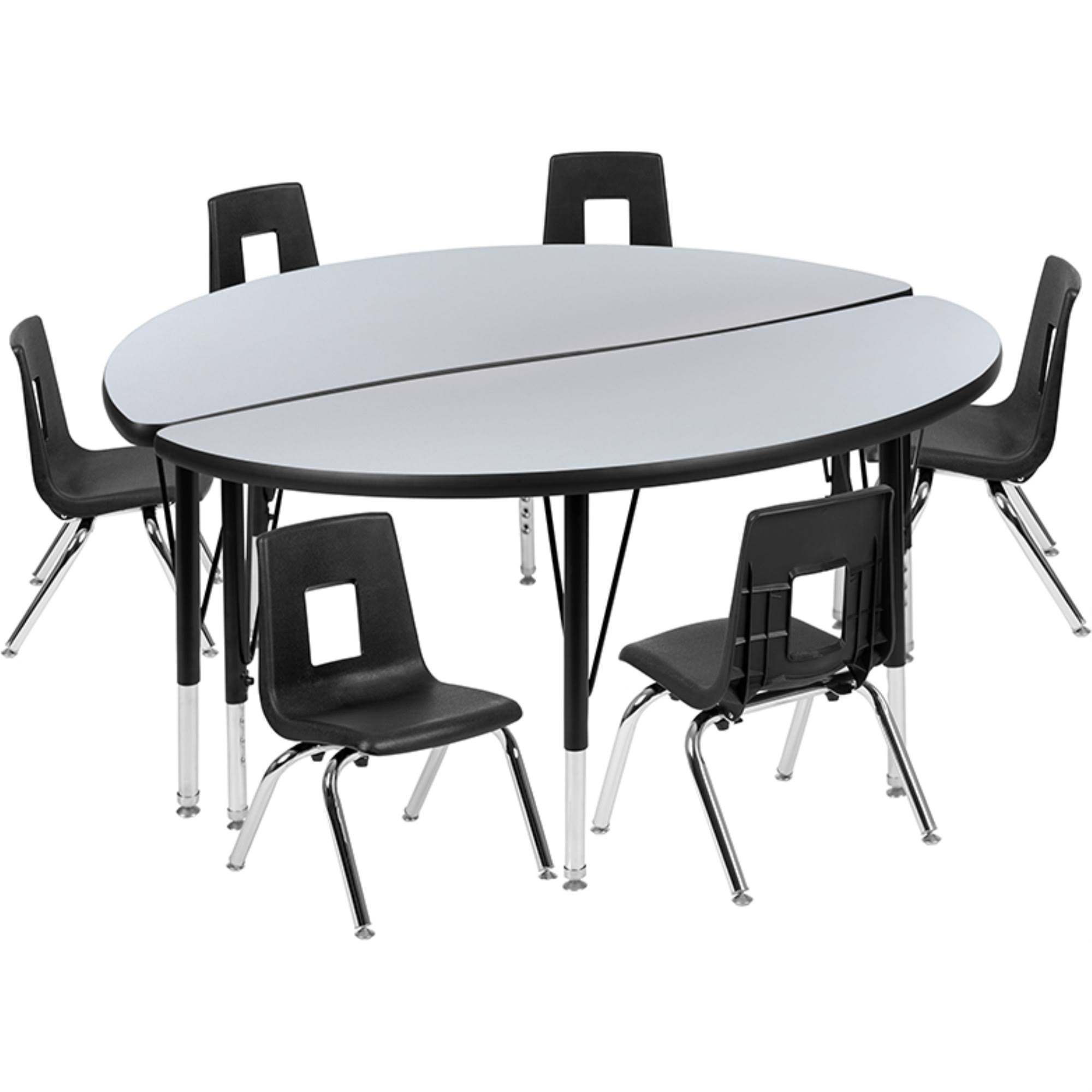 Flash Furniture 47.5x22 Circle Wave Collaborative Laminate Activity Table Set with 14x22 Student Stack Chairs - Grey, Black