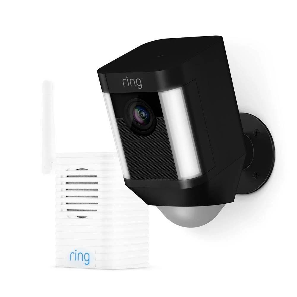 Ring Spotlight Cam Battery Outdoor Security Wireless Standard Surveillance Camera in Black with Chime Pro