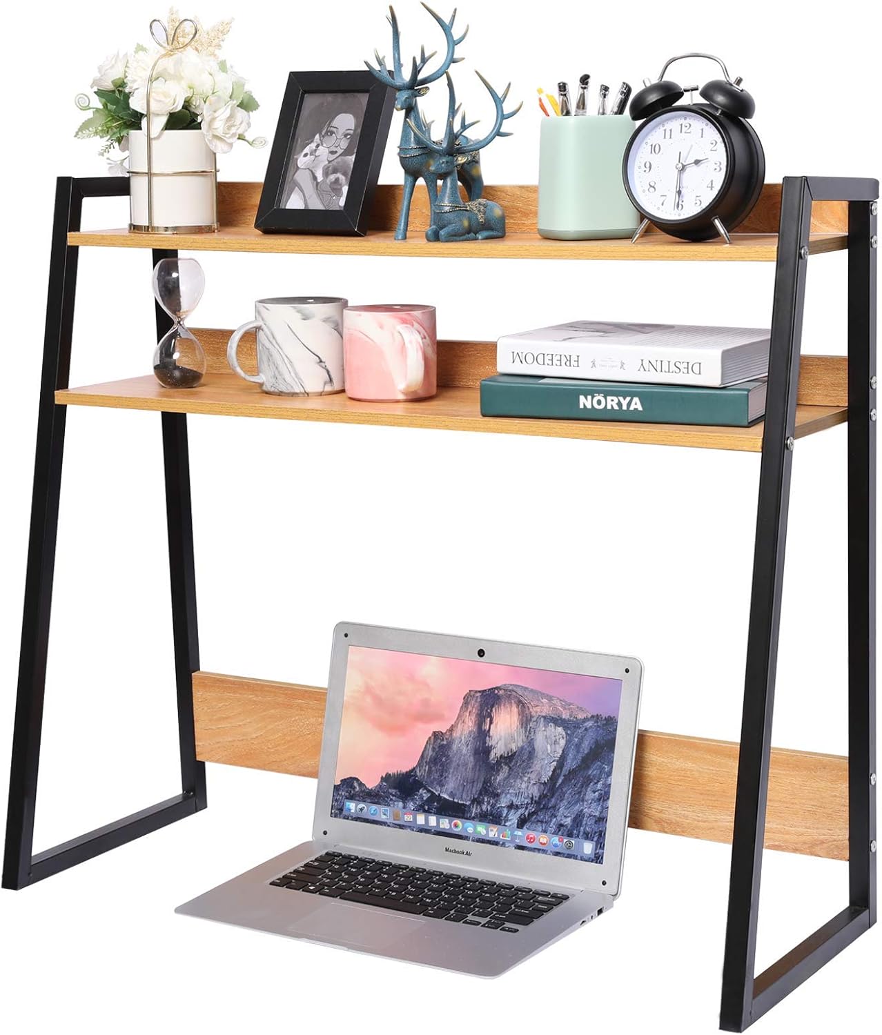 Desktop Bookshelf Wooden Bookcase ,X-cosrack Computer Desk Bookshelf Hutch Storage Organizer Shelves Rack for Office Supplies Organizer, Home Decor 2-Tier Brown
