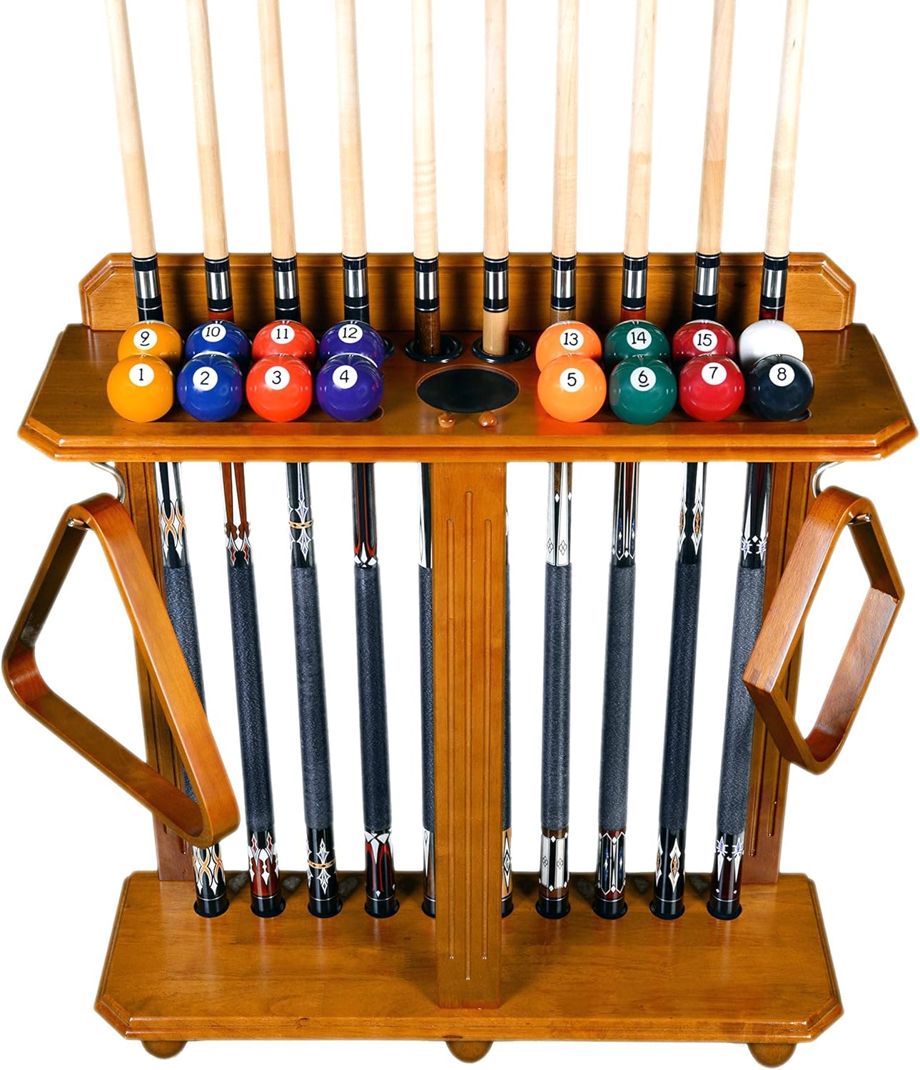 ISZY Billiards Cue Rack Only - 10 Pool - Billiard Stick & Ball Set Floor - Stand Choose Mahogany, Black, Natural Or Oak Finish