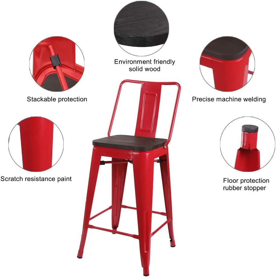 GIA Middle Back 24-Inch Counter-Height Metal Stool, Set of 4, Red