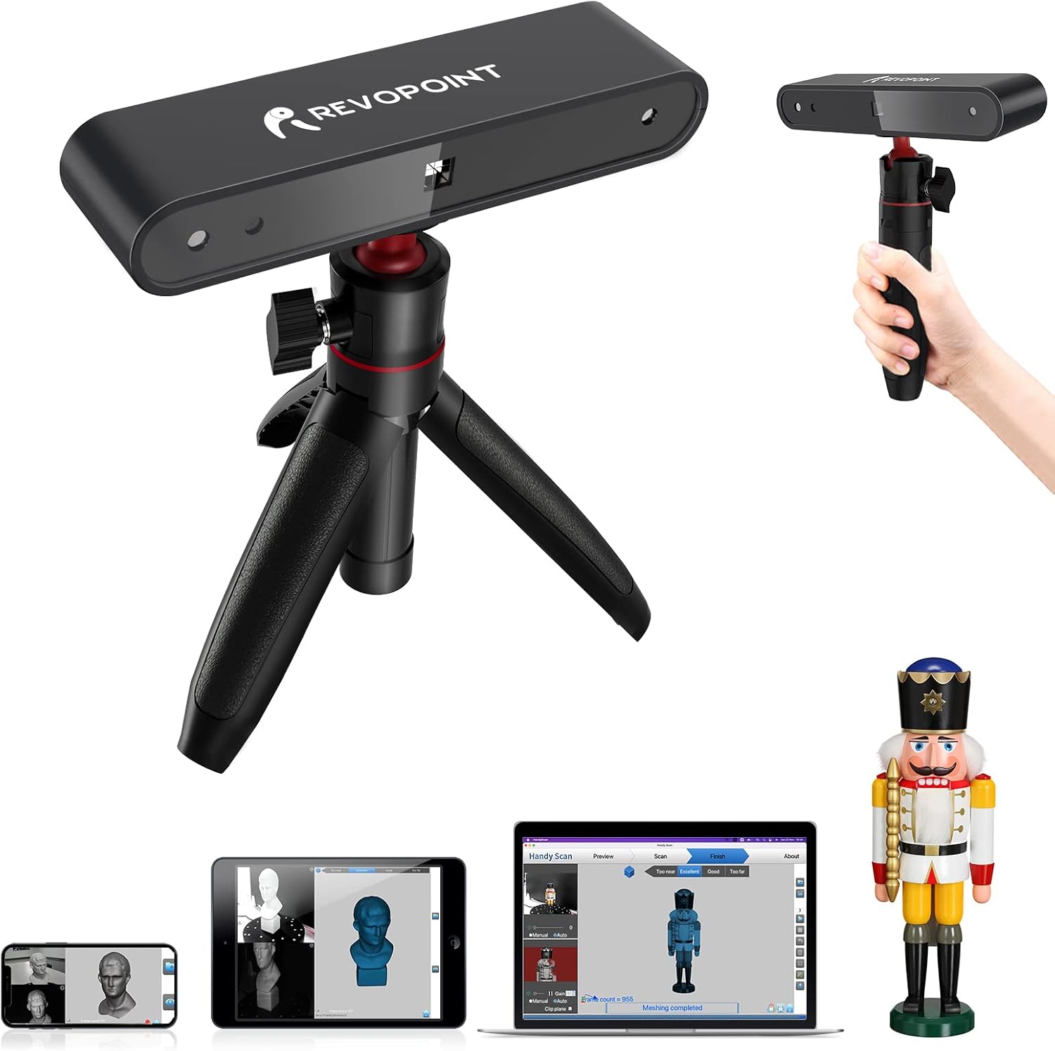 SUNWOW POP 3D Scanner, 0.3mm 8Fps 3D Printer Scanner with Tripod, Handheld and Fixed Scanning Modes for Human Face Body and Color Texture Scanning, Support Android, Windows, iOS and Mac OS, A1