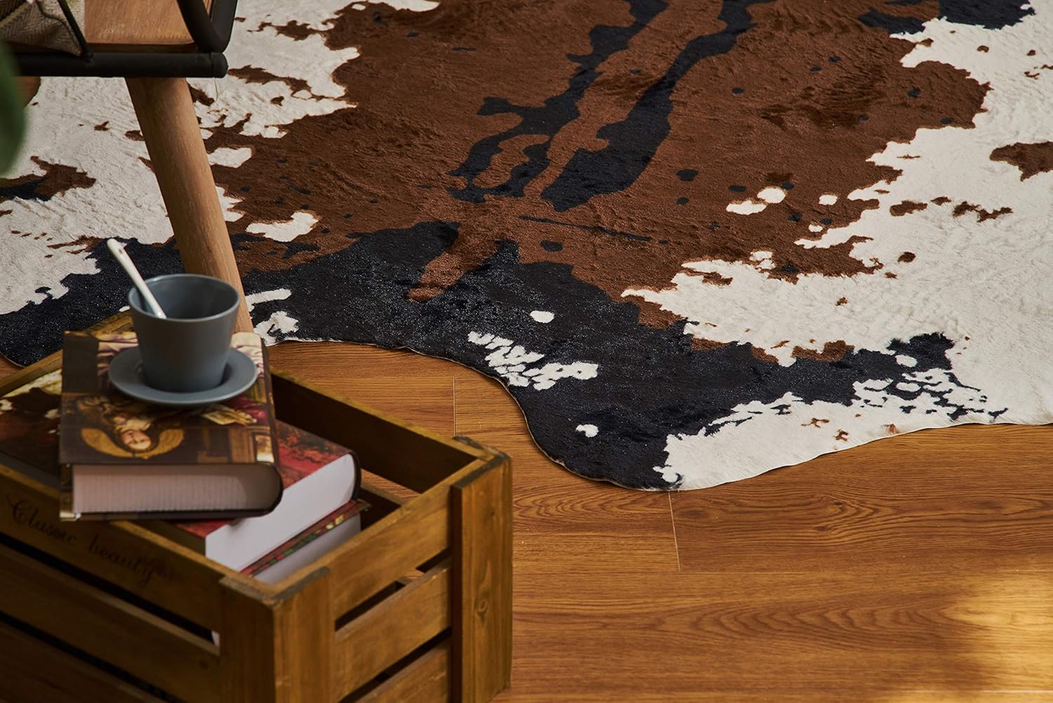 NativeSkins Faux Cowhide Rug (4.6ft x 5.2ft) - Cow Print Area Rug for a Western Boho Decor - Synthetic, Cruelty-Free Animal Hide Carpet with No-Slip Backing