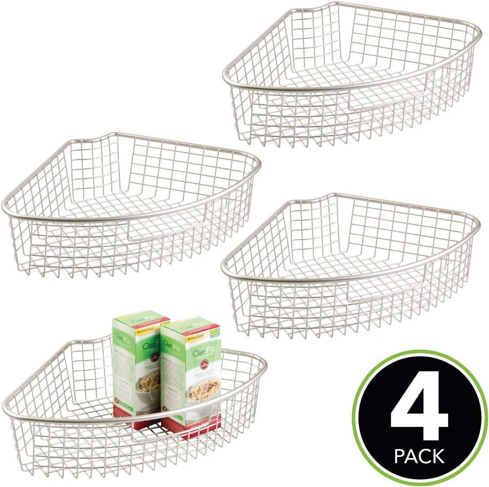 mDesign Farmhouse Metal Kitchen Cabinet Lazy Susan Storage Organizer Basket with Front Handle - Large Pie-Shaped 1/4 Wedge, 4.4