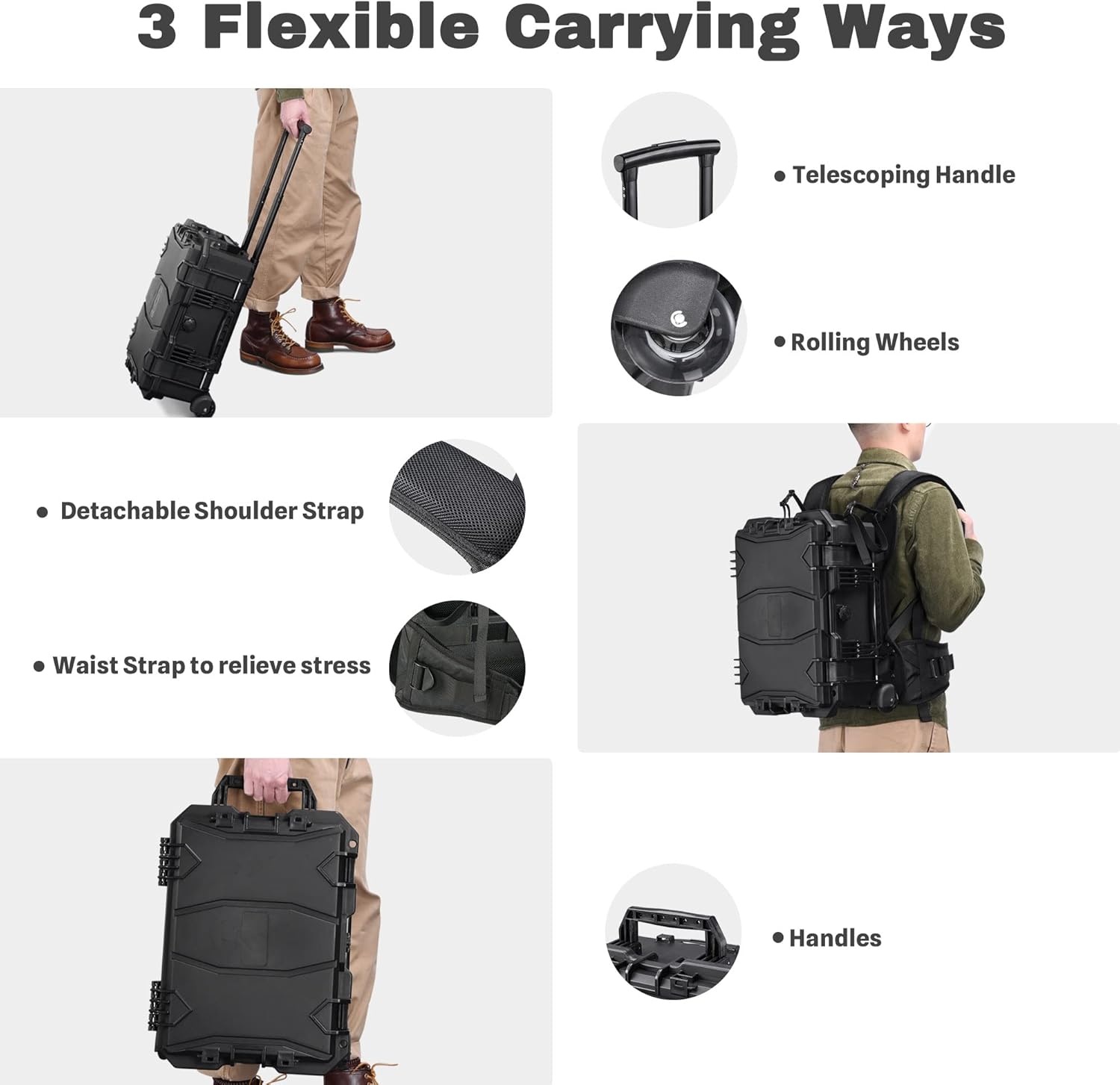 16x11x6 Inch Portable Camera Bag Rolling Waterproof Dust Proof Protective Case Hard Case with DIY Foam Wheels for Photography Black