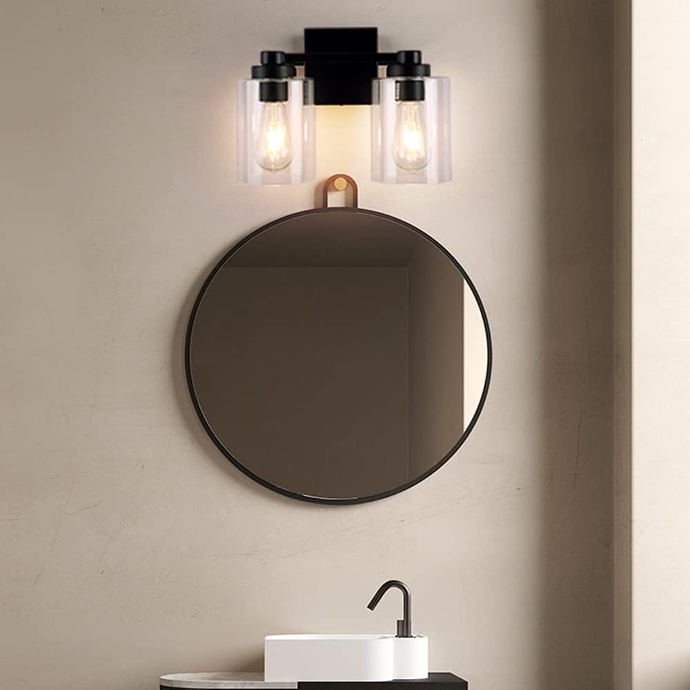 Black Bathroom Vanity Light Fixtures, 2 Lights Bathroom Vanity Light Fixtures,Rustic Farmhouse Vanity Bar Lighting Over Mirror Modern Industrial Wall Sconces Lamp with Clean Glass