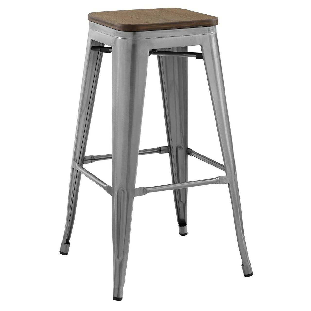 Mod Industrial Country Cottage Farm Beach House Bar Pub and Dining Kitchen Bar Side Stool Chair, Metal Steel Wood, Silver