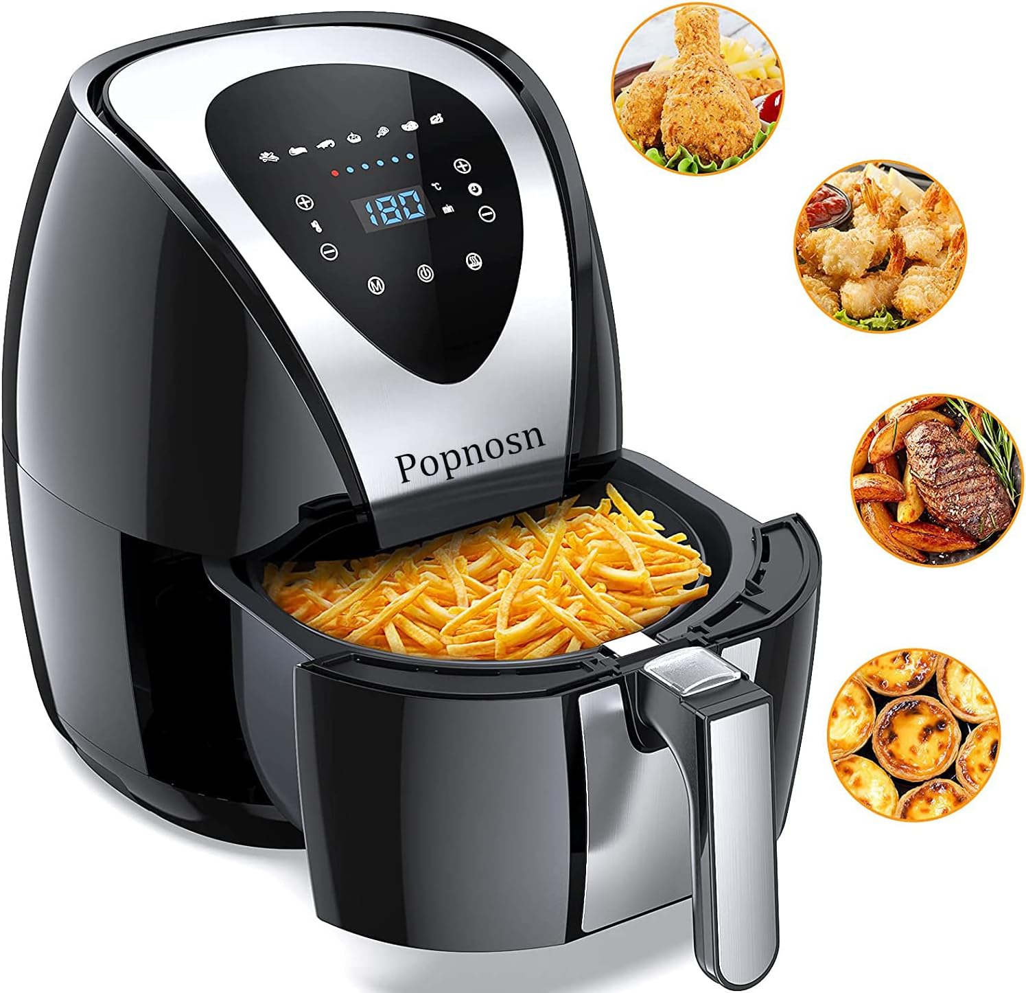Popnosn Air Fryer 4.5L Capacity 1400W Rapid Heating Air Fryers with 7 Preset Menus, Digital Display, Timer and Adjustable Temperature Control Air Fryer for Home Use Oil-Free Cooking