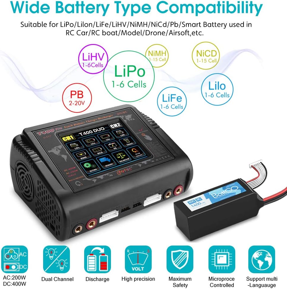 HTRC Lipo Charger 1-6S Touch Screen Dual Discharger AC200W DC400W 12A T400 Pro High Precision Fast Balance Battery Charger for RC Li-ion Life NiCd NiMH LiHV PB Smart Battery