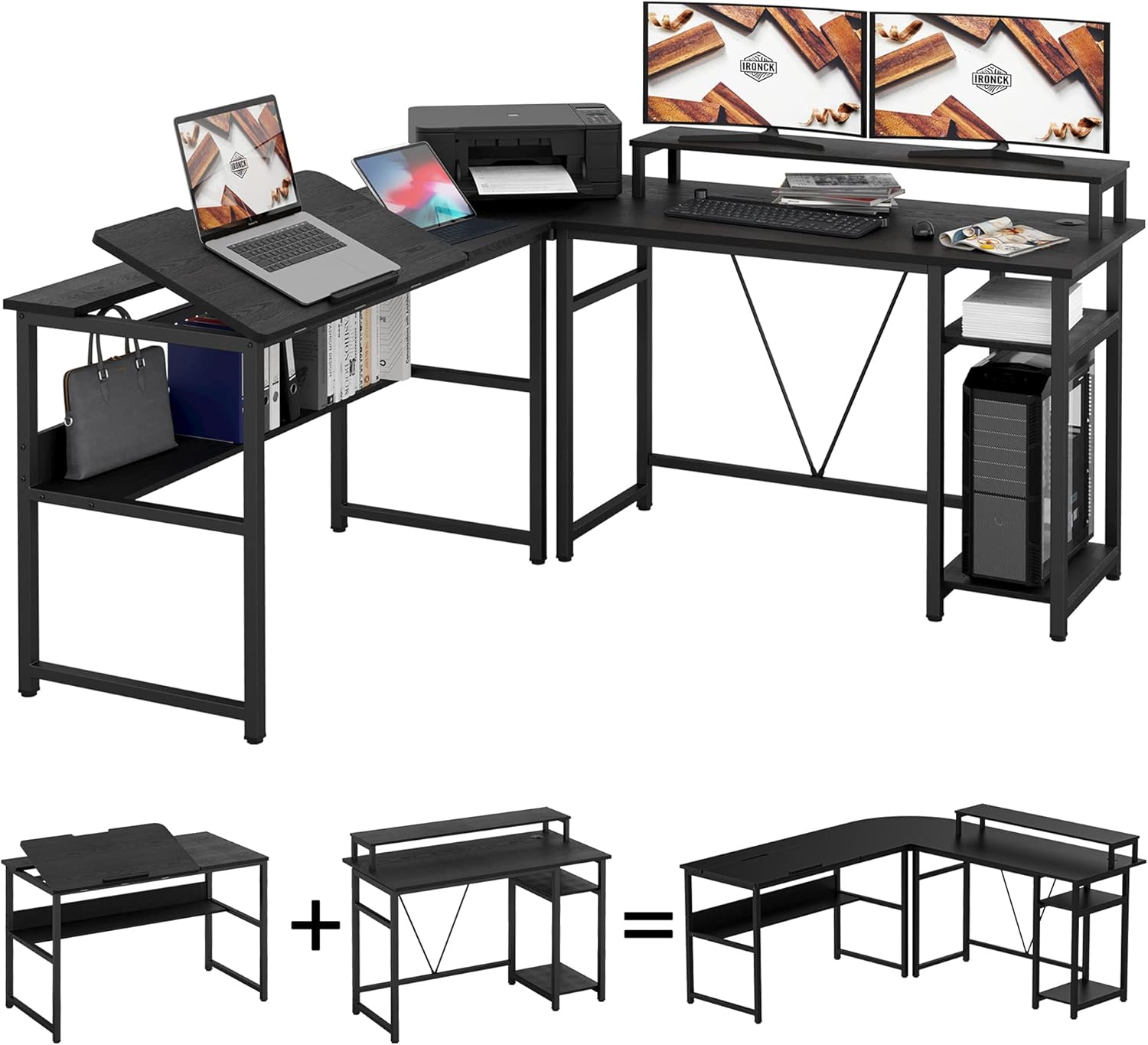 IRONCK L Shaped Desk Drafting Table with Storage Shelves, Corner Table with Tiltable Tabletop and Printer Monitor Shelf Multi-Usage Large Office Desk Workstation, Black