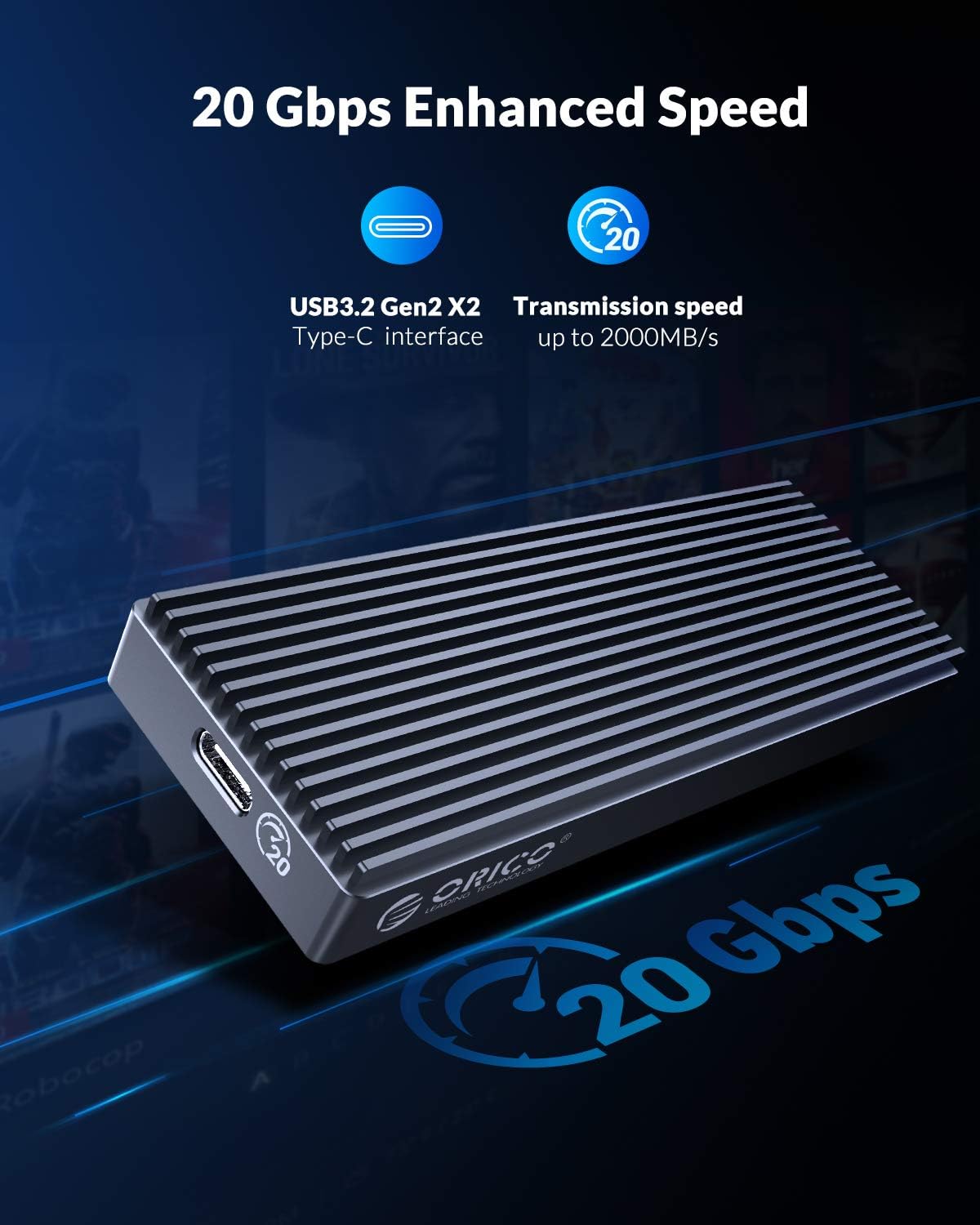 ORICO 20Gbps M.2 NVME SSD Enclosure Adapter,USB3.2 Gen2 Type-C to NVME PCI-E M-Key Solid State Drive Aluminum External Case for SSD Size 2230/2242/2260/2280, up to 2TB（M2PAC3-G20, Grey） Pack of 2