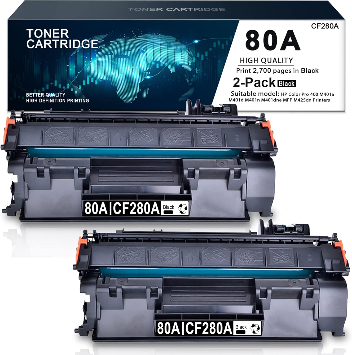 (2 Pack,Black) Compatible Toner Cartridge 80A | CF280A Replacement for HP Color Pro 400 M401a M401d M401n M401dne MFP M425dn Printers Toner -by Sulfuink