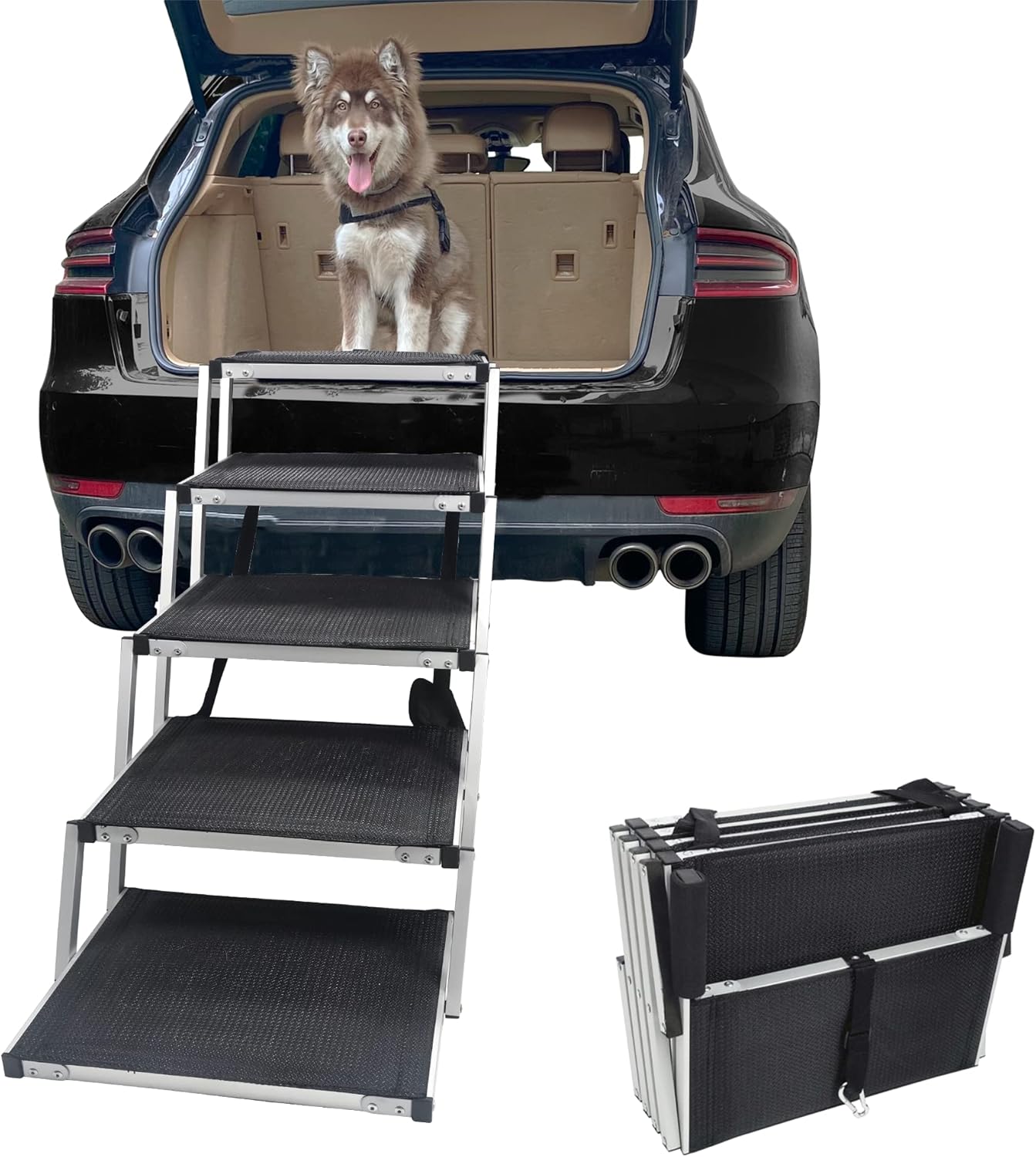 Petshug 5 Steps Aluminum Sturdy Pet Ramp Stairs for Large Dogs, Folding Lightweight Dog Steps with Increased Nonslip Surface for Trucks, Cars, SUV and High Beds, Portable Ladder Supports Up to 150 Lbs