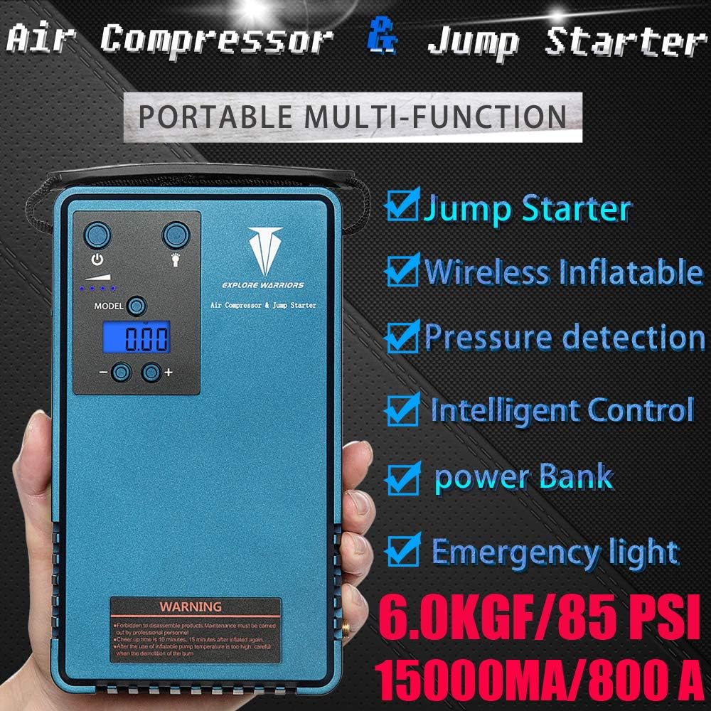 Explore Warriors Jump starter with air compressor &mobile power support LCD screen tyre Pressure gauger&Outdoor Camping lights With 15000MA capacity, 800A Peak current and Peak output pressure 85PSI