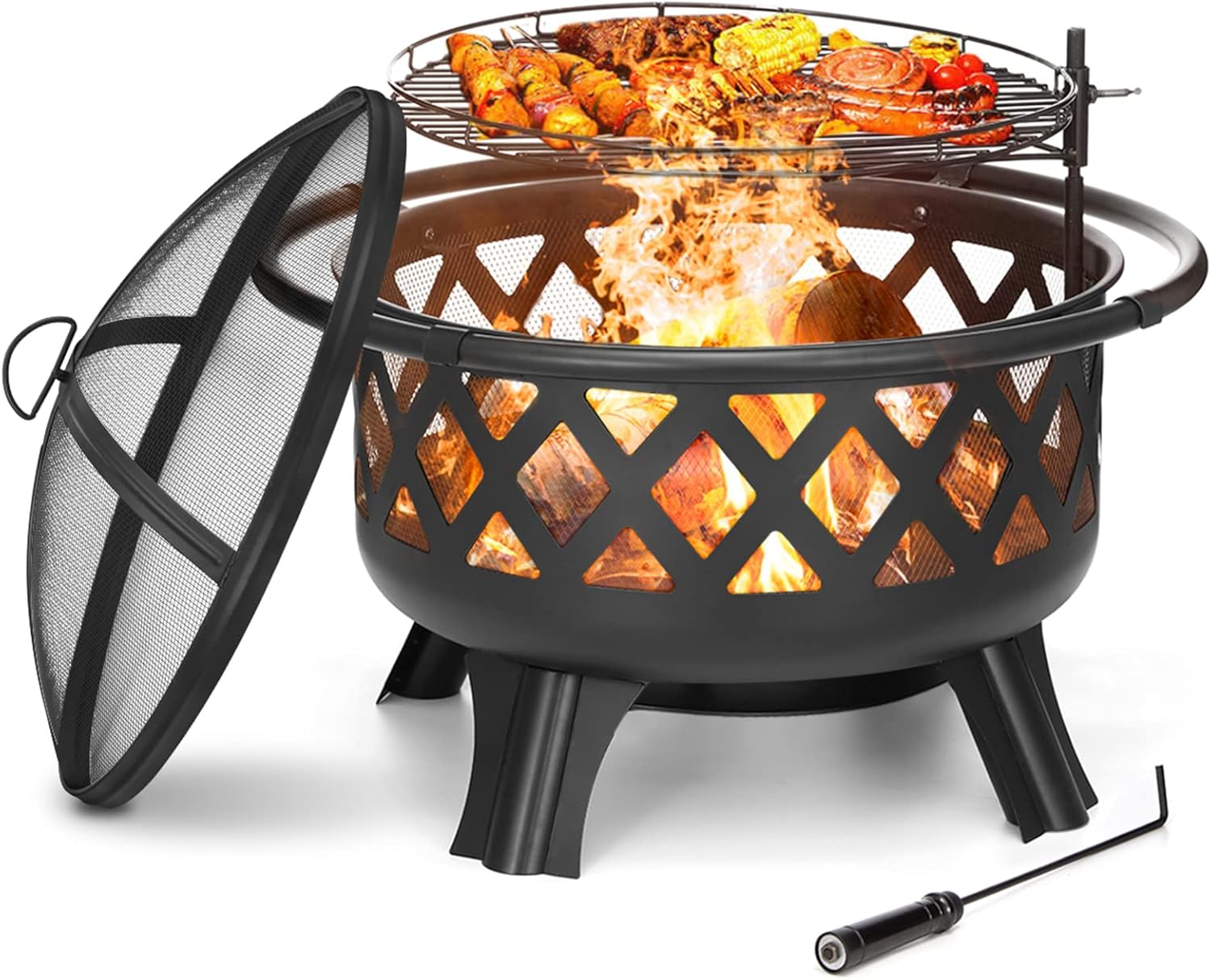 2 in 1 Fire Pit with Cooking Grate 30'' Wood Burning Firepit Outdoor Fire Pits Steel Firepit Bowl Outside with Swivel BBQ Grill, Spark Screen, Poker for Backyard Garden Bonfire Patio