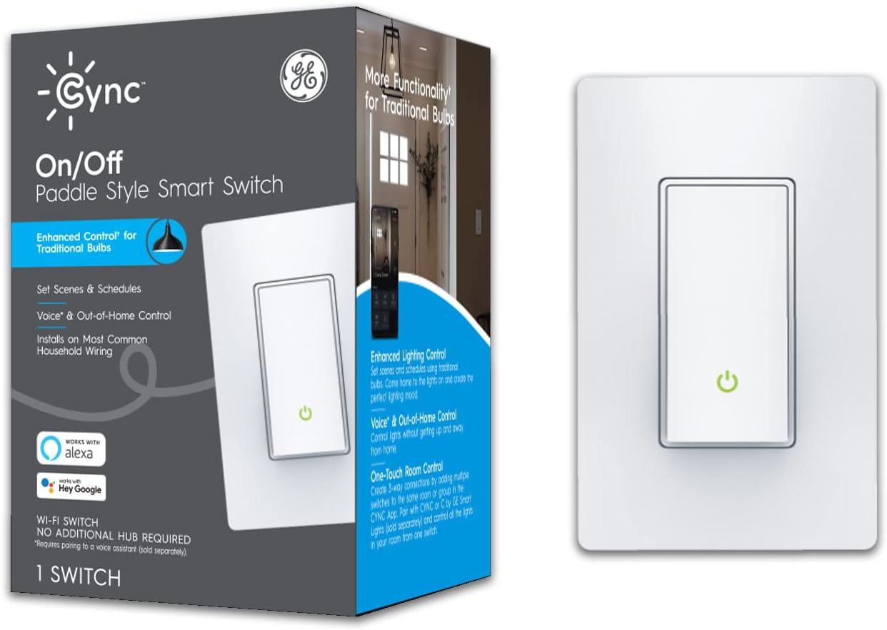 GE CYNC Smart 3-Wire On/Off Paddle Style Switch with Bluetooth and Wi-Fi, No Neutral Wire Required, Alexa and Google Home Compatible Without Hub, 1-Pack (Packaging May Vary) Pack of 2