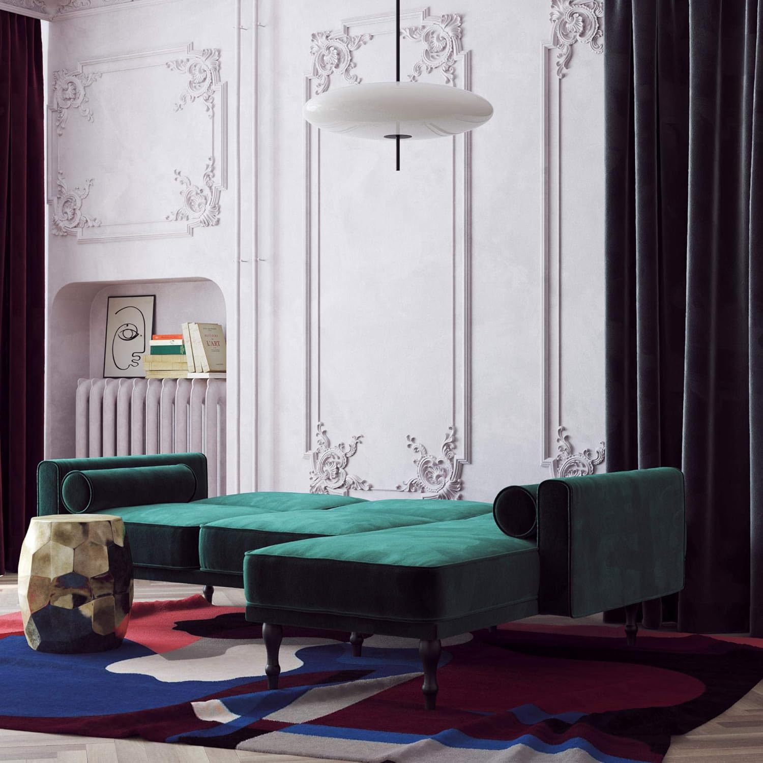 Pemberly Row Velvet Small Space Sectional Futon in Green