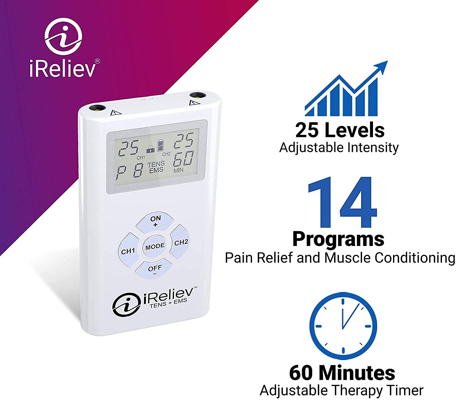 iReliev TENS + EMS Combination Unit Muscle Stimulator for Pain Relief & Arthritis & Muscle Strength - Treats Tired and Sore Muscles in Your Shoulders, Back, Ab's, Legs, Knee's and More