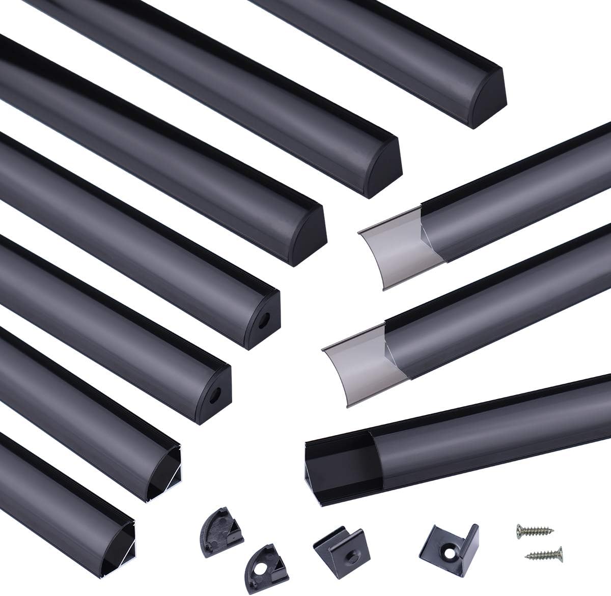 Muzata 10Pack 3.3FT/1M Black LED Channel System with Crystal Smoky Clear Cover Lens, Aluminum Extrusion Profile Strip Tape Lights V-Shape V1SW BB 1M,LV1 LW1