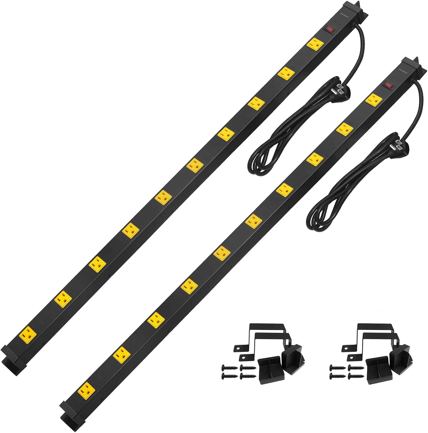 Suraielec 2-Pack 10 Outlet Long Power Strip Surge Protector, Industrial Heavy Duty Metal Shop Power Strip Flat Plug, 1000 Joules, 15 A Breaker, 6FT Cord, Wall Mountable, for Work Bench, Shop, Garage… Pack of 2