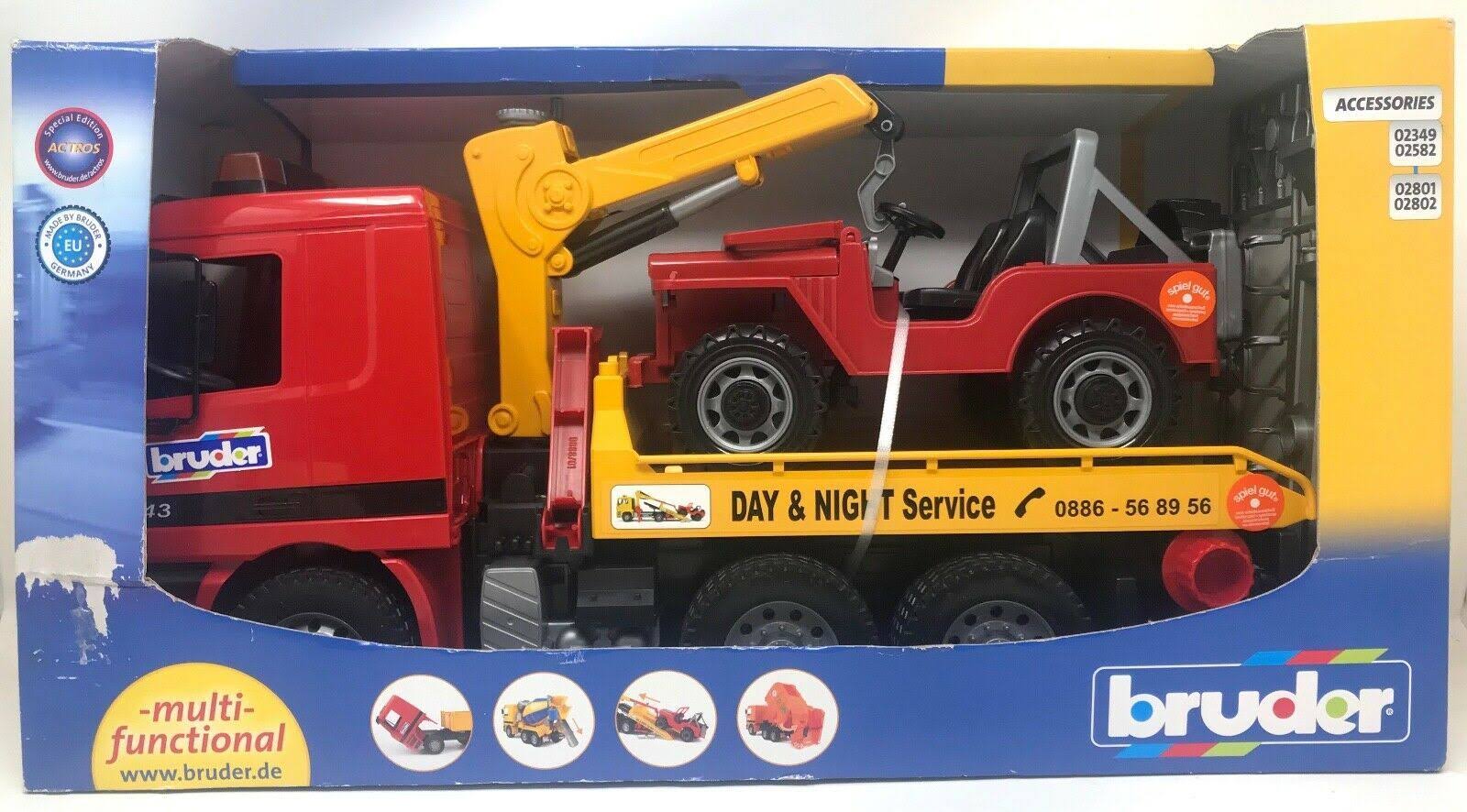 Bruder Action Vehicle Tow Truck Carrying Jeep with Crane and Accessories