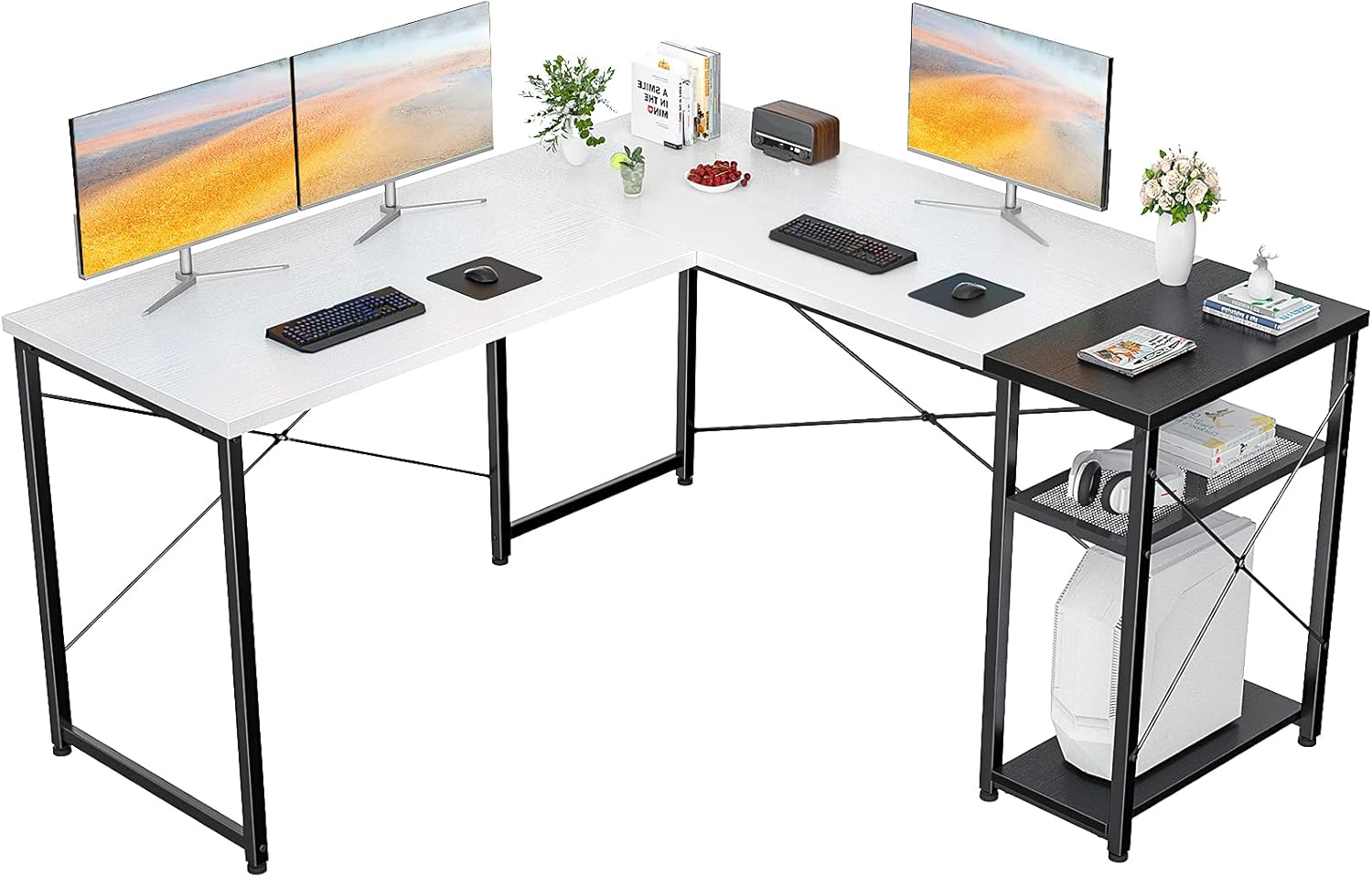 Homfio L Shaped Desk Computer Office Desk with Shelves Corner Computer Desk Large Gaming Table Industrial Simple Desk Workstation for Home Office Study Writing Table, Black and Rustic Brown