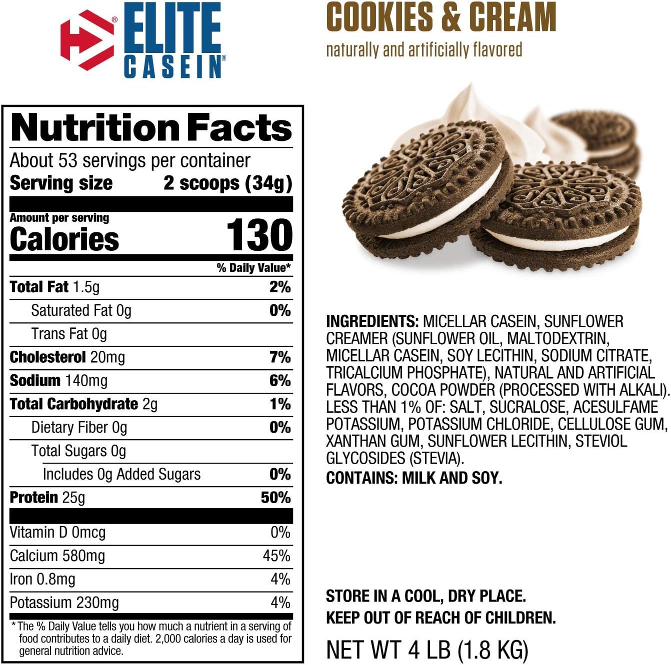 Dymatize Elite Casein Protein Powder, Slow Absorbing with Muscle Building Amino Acids, 100% Micellar Casein, 25g Protein, 5.3g BCAAs & 2.3g Leucine, Helps Overnight Recovery, Cookies & Cream, 4 lb Pack of 2