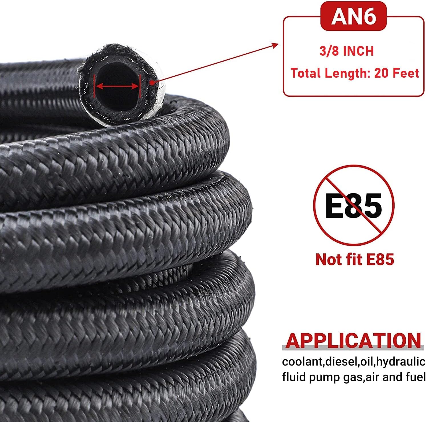 CarBole 6AN 20FT Fuel Line Kit, Nylon Braided Fuel Line Hose Fitting Kit CPE Material Black(3/8