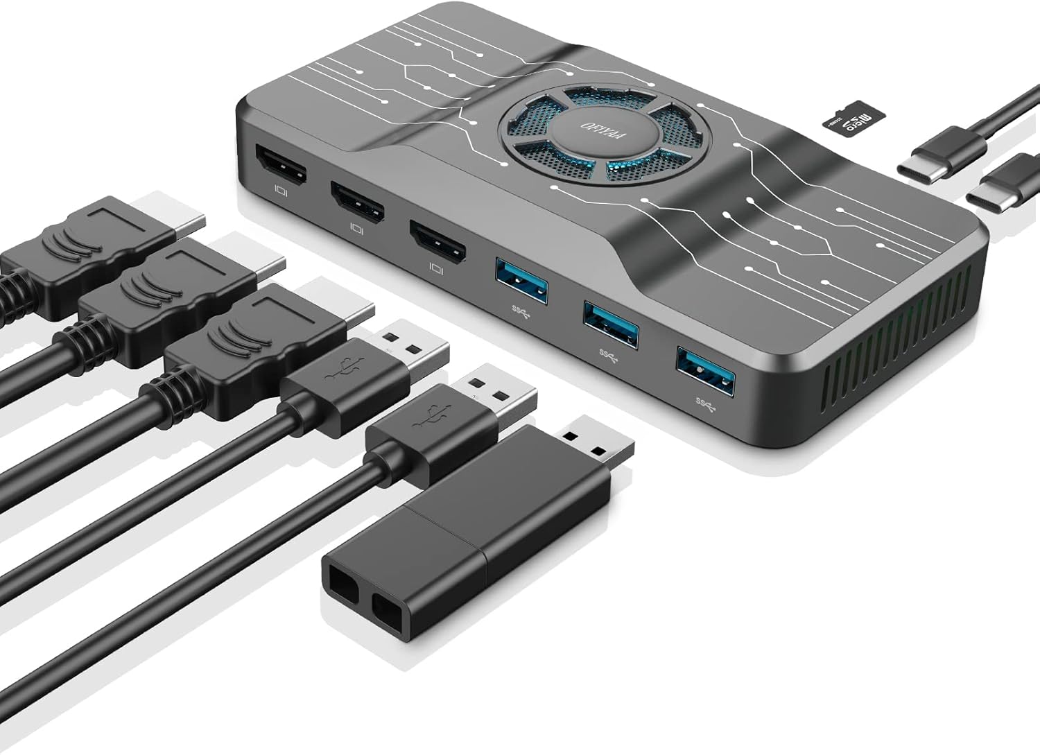 OFIYAA USB 3.0 Docking Station, Universal Laptop HUB with RGB Cooling Fan for Windows, Mac OS, and Android, Support Mac M1 Chip(3 HDMI, 1 USB C PD, 1 Type-C, 3 USB 3.0,1 TF Card)