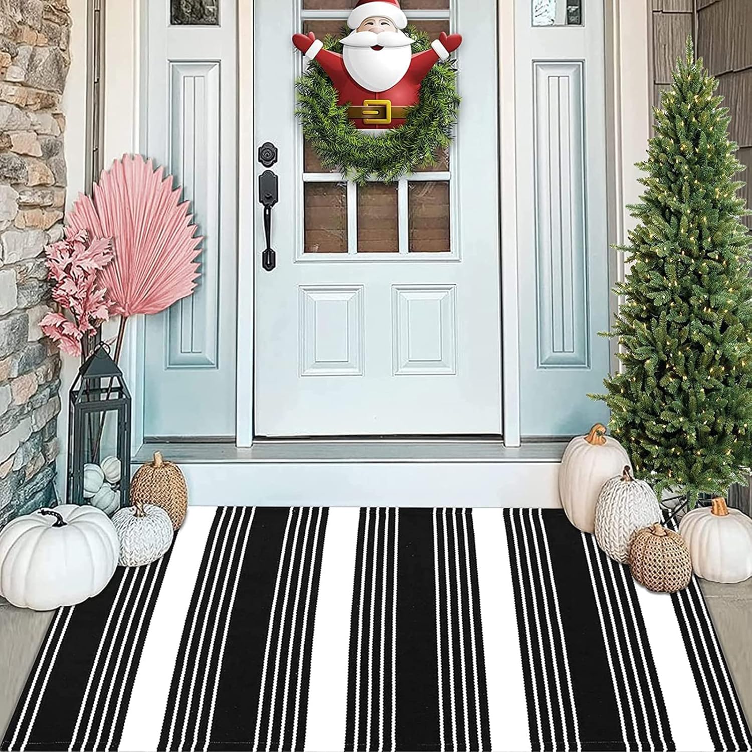 RRUI Cotton Black and White Striped Rug 43'' x 27.5'' Outdoor Reversible Hand-Woven Washable Area Rugs for Layered Door Mats/Farmhouse Entryway Stripe Carpet/Front Porch Rug/Kitchen Mat