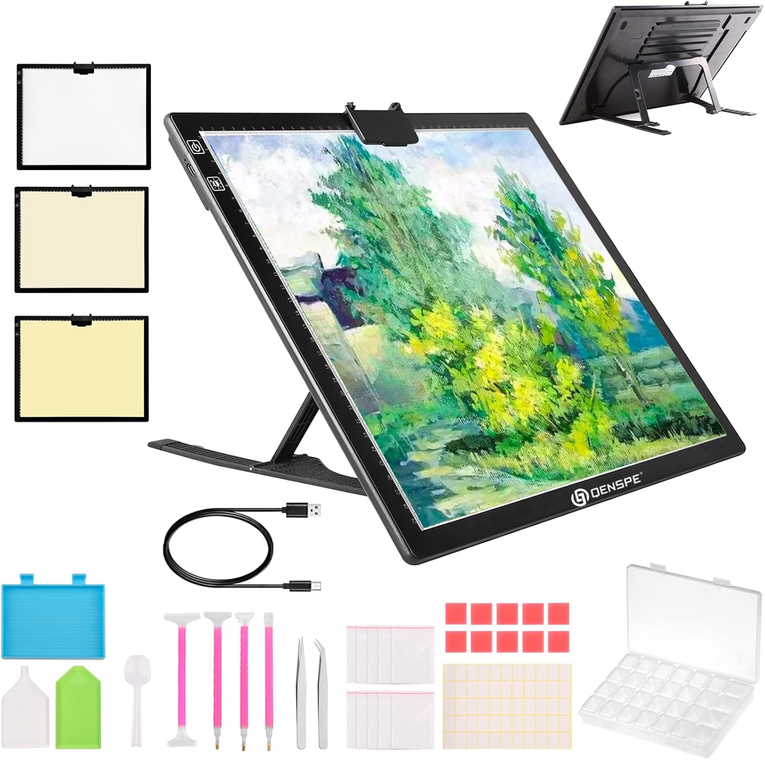 QENSPE Wireless A3 Light Pad for Diamond Painting, Rechargeable LED Tracing Light Box, 6-Level Dimmable Diamond Art Light Board, A3 Light Pad with Built-in Stand Diamond Painting Accessories Tools