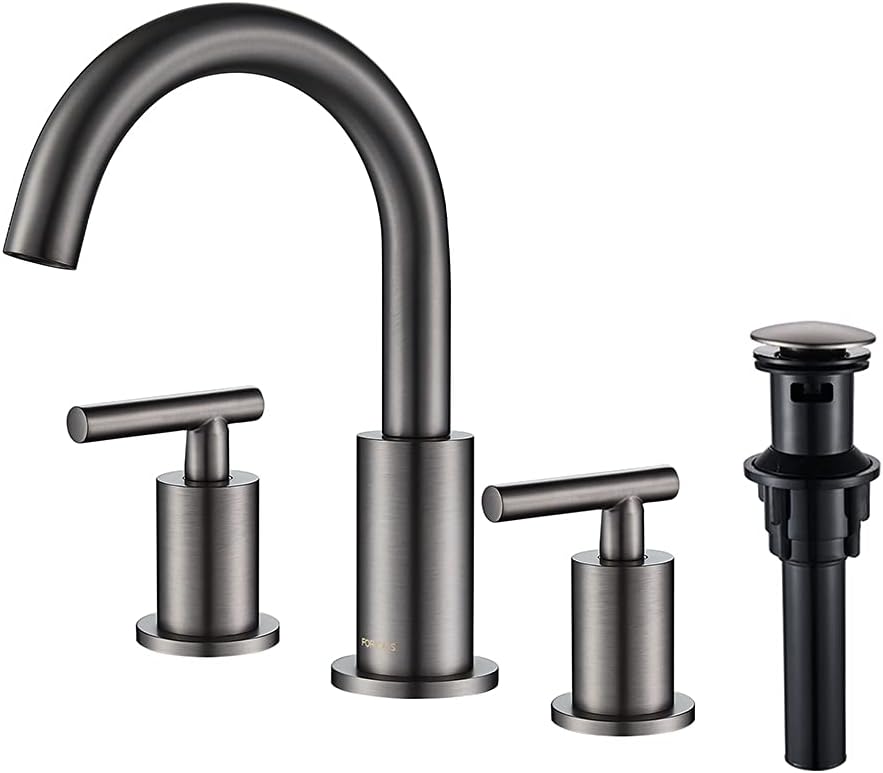 FORIOUS Two Handle High Arc Widespread Bathroom Sink Faucet 3 Hole with Pop-Up Drain and Water Supply Lines, Matte Black