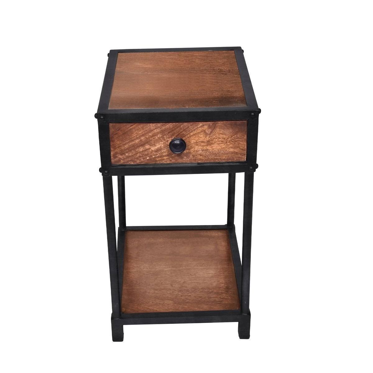 The Urban Port Metal Framed Mango Wood End Table with Drawer and Open Base, Brown and Black - 22 H x 15 W x 12 L Inches