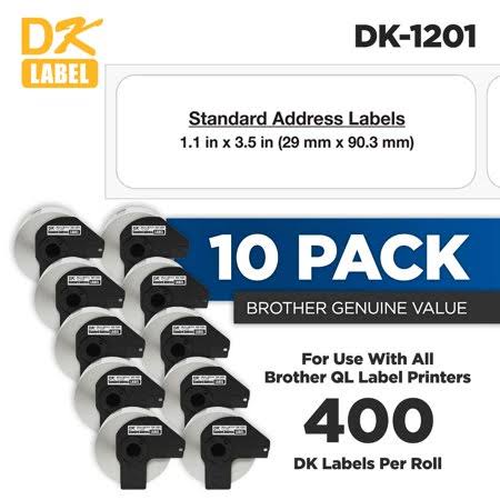 Brother Genuine DK-1201 10-Pack Die-Cut White Paper Standard Address Labels for QL Printers, 1.1 inch x 3.5 inch (29mm x 90.3mm)