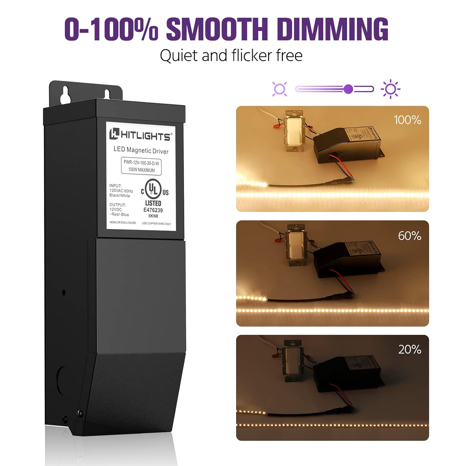 HitLights Dimmable LED Driver Transformer 100W, Magnetic Power Supply, 110V AC to 12V DC, Compatible with Lutron＆Leviton Dimmer, LED Strip Lights, Other Low Voltage Lighting Projects